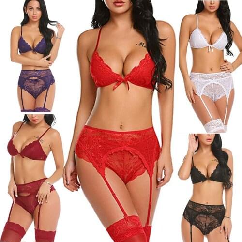 European and American sexy bra embroidered lace transparent mesh stitching bow knot cross underwear gathered three-piece set