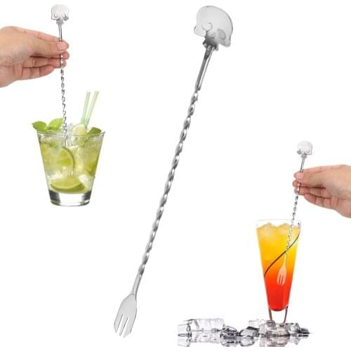 Cocktail Pick Skull Bar Spoon Mixing Fork Swizzle Sticks Bartender 25cm Stainless Steel Stirrer Bar Spoon Kitchen Tools