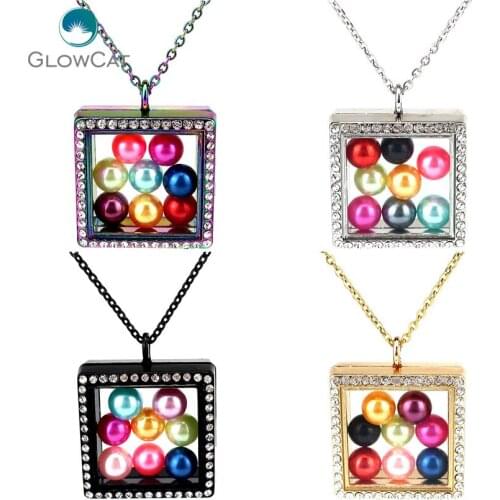 Square Magnetic Living Memory 8mm Beads Locket Pearl Cage Floating Pendant With Rhinestone Necklace