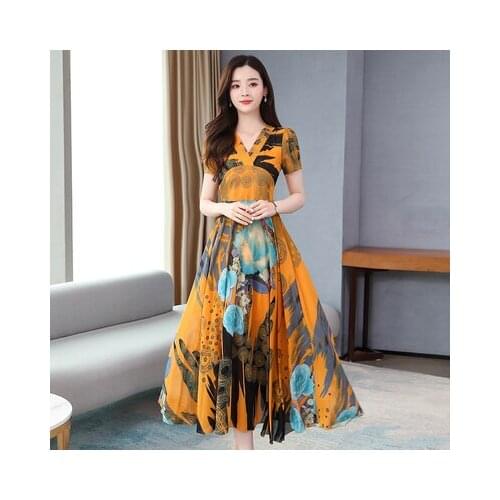 Summer Women Dress Vestido Mujer Chiffon Floral Print Short Sleeve V-neck Long A-line Vintage Vestidos De Festa 6258