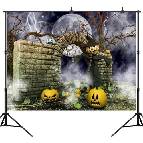 Lyavshi photography backgrounds stone arched door moon thunder night Pumpkin Scarecrow Halloween backdrops fotografia