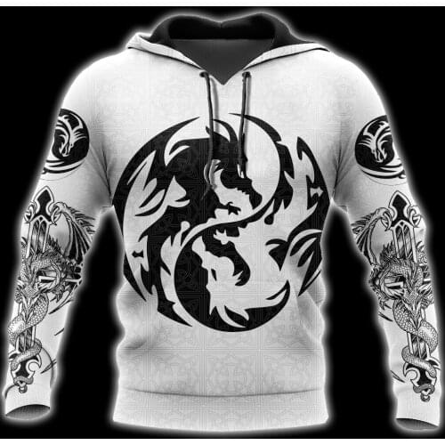 Mens 3D Print Hoodies Dragon Tattoo Black White Harajuku Pullover Unisex Hood Sweatshirts Jacket Hip-Hop Women New Streetwear