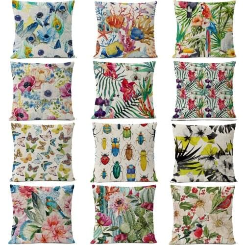 Nordic Watercolor Floral flower Pillow Cover Butterfly Beetle Parrot Linen Pillow Case Home Decorative Pillows cushion cover