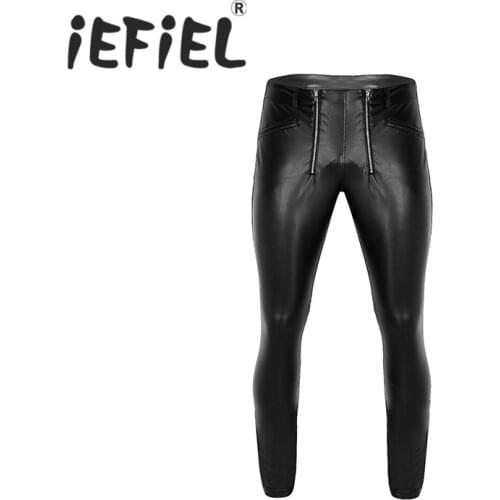 New Arrival Black Mens Soft Faux Leather Tight Pants Stretchy Full Length Legging Trousers Nightwear Pants with Zipper Pouch
