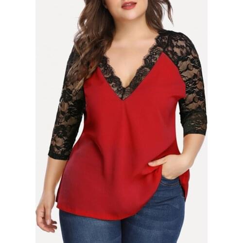 Popular Stylish Attractive Women Blouse Lace Patchwork V Neck Autumn Winter Loose Contrast Color 3/4 Sleeve Shirt Top Streetwear