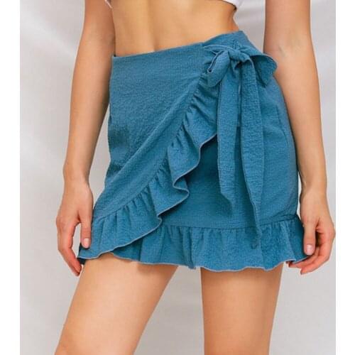 QLUKEOYY Fashion Blue Skirts Women Solid Ruffles Bandage Lace Up Short Skirt A-Line Pleated Mini Shirt For Girls Saia Faldas