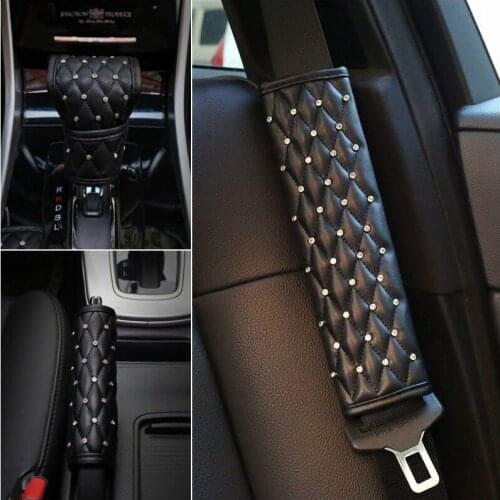 Luxury Diamond bling Leather Handbrake / Shift knob / seat belt cover car accessories for girl lady gift for golf 4 5 6 7 ford
