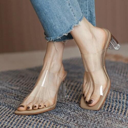 Crystal Clear Middle Heels New Summer Lady Comfort Sandals Slippers Fashion Party Shoes Women Prom Peep Toe Cool Slides White
