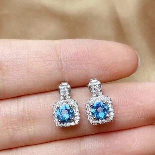 New natural blue topaz earrings, 925 silver womens earrings, luxurious and elegant design highlights feminine charm