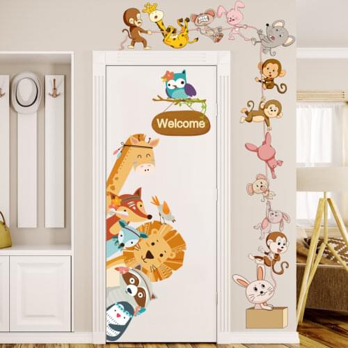 [shijuekongjian] Cartoon Animals Wall Stickers DIY Children Mural Decals for Kids Rooms Baby Bedroom Wardrobe Door Decoration