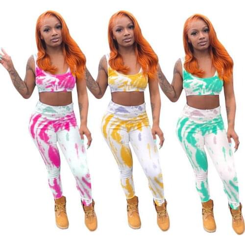 Activewear Womens Summer Tie Dye Print Tracksuit Women Sexy Sleeveless Tank Crop Top + Leggings Two Piece Set Outfits Workout