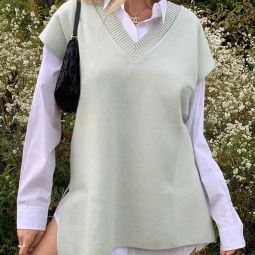 Evfer Women Casual Sleeveless Za Green Loose Sweaters Female Elegant V-neck Knitted Autumn Pullover Tops Girls Autumn Knitwear