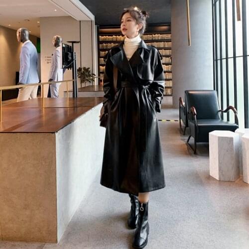 Fashion Brand New Womens Long PU Leather Trench Coat with Belt Lady Windbreaker Waterpoof Female Outerwear Spring Autumn Black