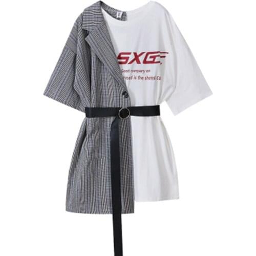 PERHAPS U Women White Black Patchwork Plaid Half Sleeve Sash O Neck Pocket Button Loose Casual Medium Length T-shirt B0415