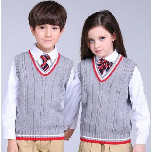 British Style Boys Girls Knit Vest School Kids V-Neck Woolen Waistcoats Children Autumn Winter Warm Knitwear 2-14 Years Old