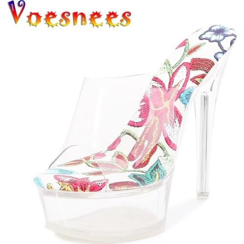 Voesnees Slippers Hot Sale Womens Sandals Size 43 14cm Thin Heeled Platform High Heels Transparent Crystal Women Shoes Wedding