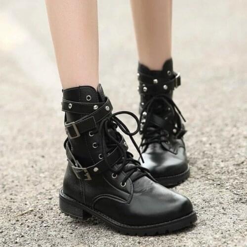Ladies PU Leather Zipper Non-Slip Lace-Up Ladies Boots Platform Womens Shoes Winter Female Dropshipping Women Mid-Calf Boots