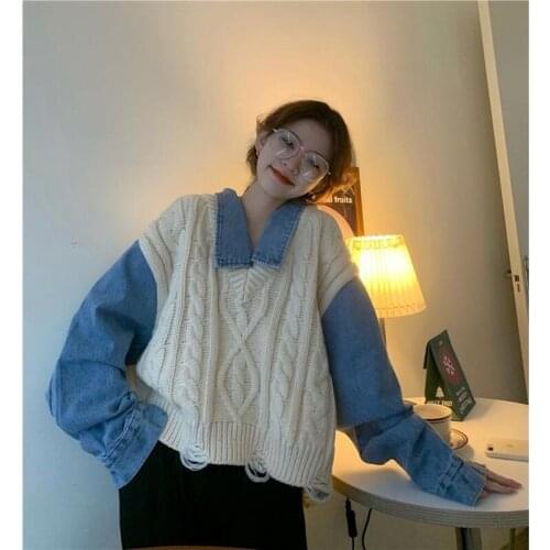 Womens Fake Two-Piece Denim Stitching Sweater Spring and Autumn New Loose Polo Collar All-Matching Sweater Top