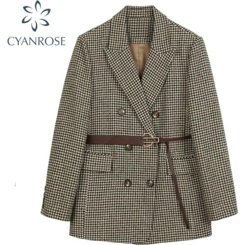 Elegant Autumn Winter Plaid Women Blazer Fashion Long Sleeve With Belt Tweed Coat Short Office Ladies Pocket Women Suit Blazers