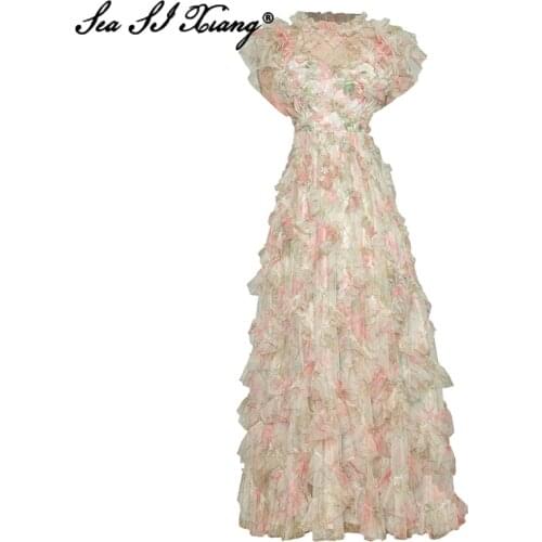 Seasixiang Fashion Designer Summer Mesh Long Dress Women Stand Collar Short Sleeve Flower Print Ruffles Bohemian Maxi Dresses