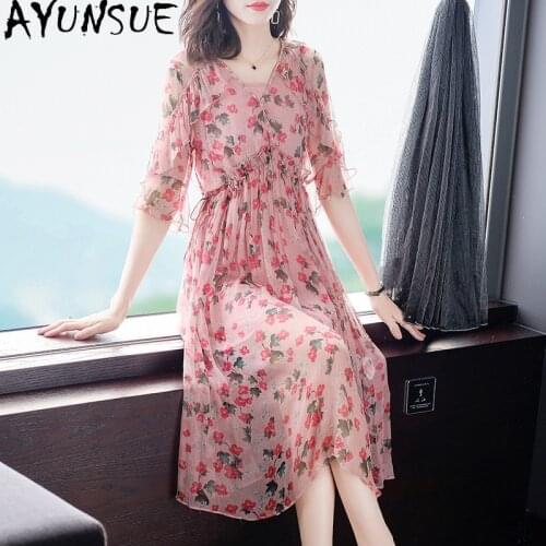 AYUNSUE 100% Real Silk Summer Dress Woman 2021 Beach Floral Ladies Dresses Elegant Korean High Quality Boho Dress Vestidos