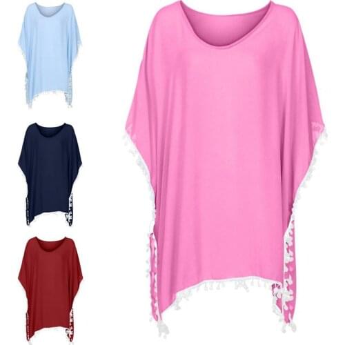 Beach Dress Solid Color Tassel Women Round Neck Short Sleeve Loose Cover Up Top Summer Swimwear Bathing Suits vestidos de mujer