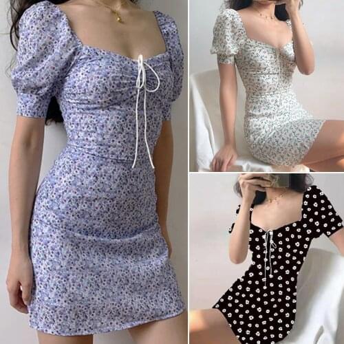 Fashion Womens Casual Spring And Summer New Lace-up Puff Bubble Sleeve Dresses Are Thin Waist And Floral 3 Color Short Skirt