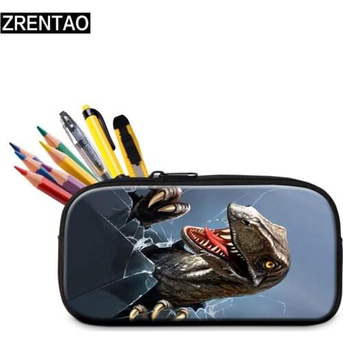 ZRENTAO new fashion 3D dinosaur print pencil case for students pupil functional stationery bags pen pouch