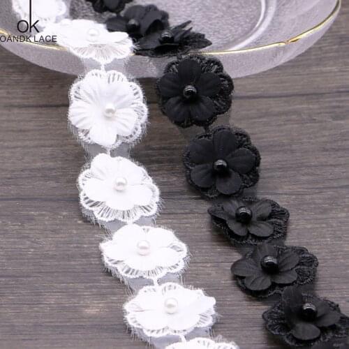 1 yards Pearl Flower Leaf Handmade Beaded Embroidered Lace Trim Ribbon Applique Wedding DIY Garment Sewing Accessories