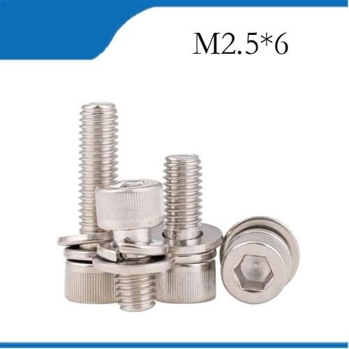 30pcs M2.5*6mm 304 Stainless Steel Inner Hex Bolt Hexagon Socket Washer Sems Assembly Screwcombination m2.5 bolts,m2.5 nail
