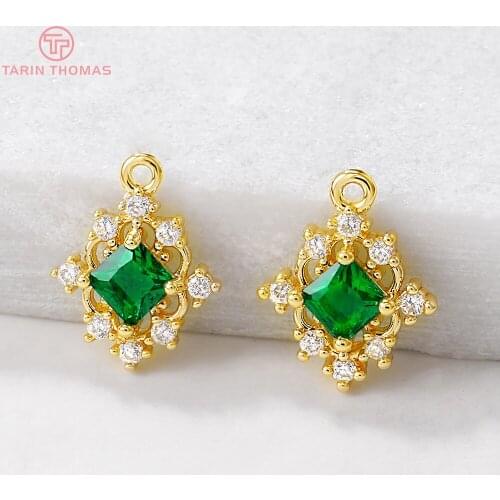 4PCS 10x13MM Hole 1MM 24K Gold Color Plated Brass with Zircon Square Charms Pendants High Quality Diy Jewelry Accessories