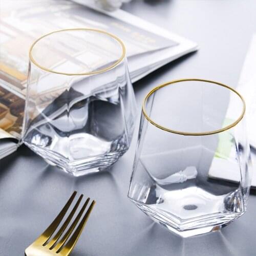 Diamond Whiskey Glass Diamond Crystal Glass Cup Golden Rim Transparent Coffee Milk Tea Mug Home Bar Drinkware Couple Gifts