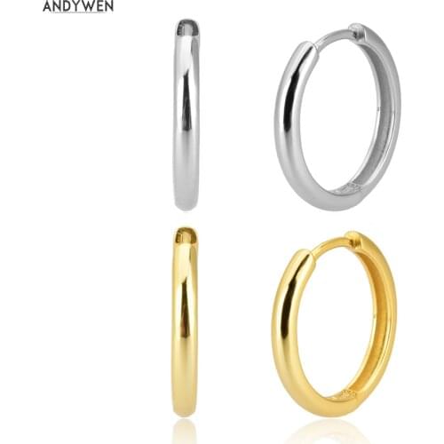 ANDYWEN 925 Sterling Silver Gold 18mm Plain Big Huggies Hoops Loops Circle Rock Punk Earrring Round Wedding Party Jewelry