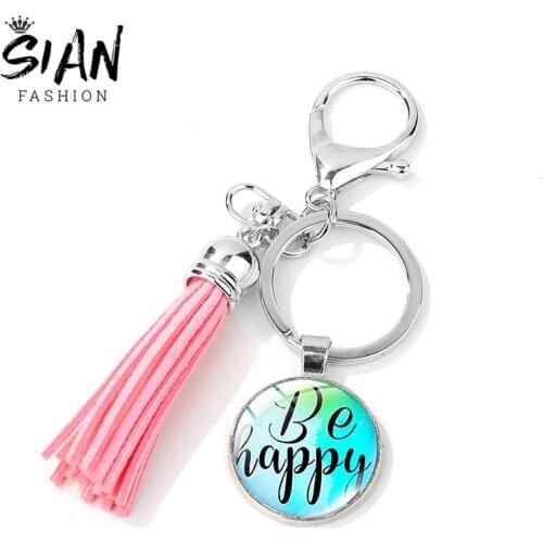 SIAN Be Happy Cute Delicate Leather Tassel Keychains Live In The Moment Be Brave Trendy Glass Crystal Bag Charms Women Key Ring