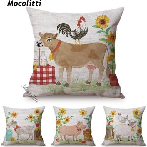 European Farm Animals Pattern Cushion Cover Chicken Pig Cow Autumn Cornucopia Decoration Throw Pillows Linen Fabric Pillowcase