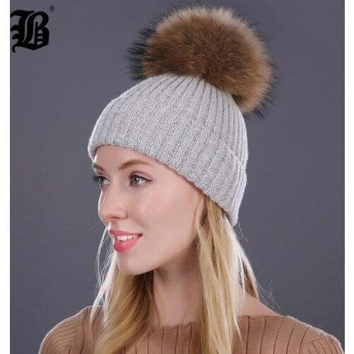 [FLB] Winter Hat Real Mink Fur Pom Poms Women Girl 'S Hats Wool Knitted Beanies Cap Solid Colors Gorros Cap Female Causal Hat