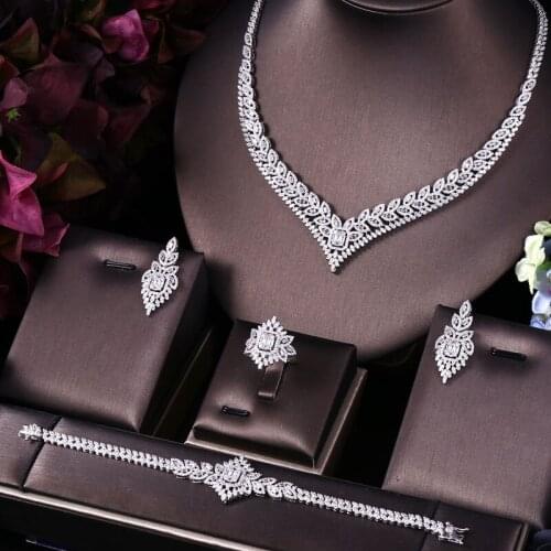 Janekelly 4pcs Bridal Zirconia Full Jewelry Sets For Women Party, Luxury Dubai Nigeria CZ Crystal Wedding Jewelry Sets