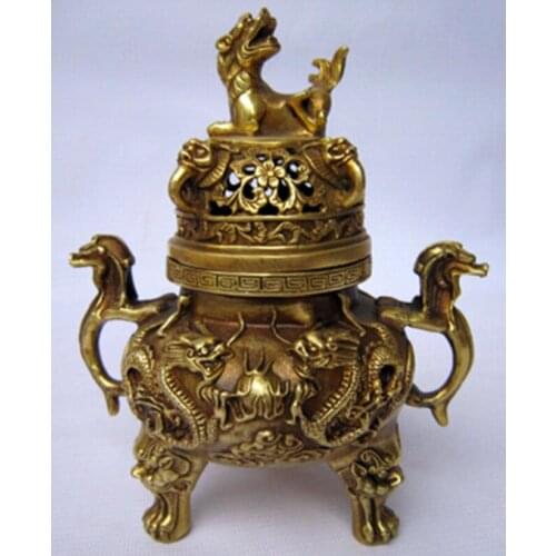 China Rare Copper Dragon Tiger Incense Burner a148