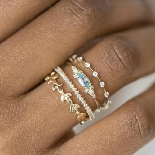 Vintage Female Aqua Blue Zircon Ring Set Charm Gold Color Wedding Rings For Women Cute Bride Leaf Crystal Stone Engagement Ring