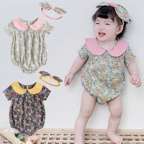 Newborn onesies summer suit baby girl floral cotton short-sleeve romper with headwear 2 piece baby clothes newborns cute onesies