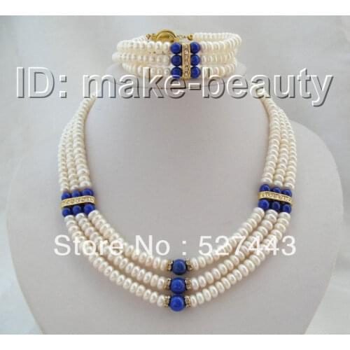 Wholesale free shipping >>CLASSIC 3rows 8mm white pearls blue lapis lazuli necklace bracelet a set