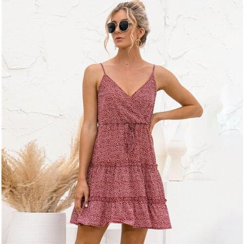 Summer Women Floral Spaghetti Strap Dress Casual Sexy Sleeveless Boho Beach Dresses 2021 Fashion Lace-up Ruffles Woman Dress
