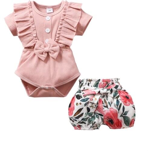 Baby Girls 2PCS Summer Outfits, Short Sleeve Button Front Ruffle Bodysuit + Floral Shorts Set