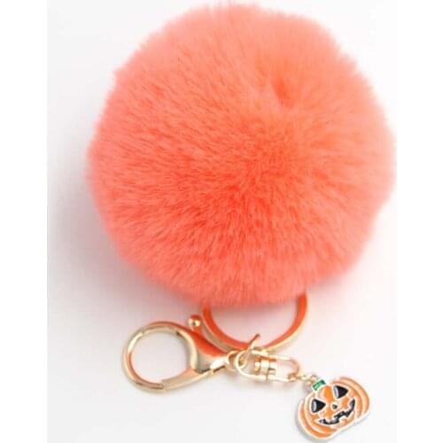 Cute Fluffy Fur Ball Key Chain Halloween Pumpkin Artificial Rabbit Pompons Car Pendant Keyring Holder Charm Bag Girl Party Gift