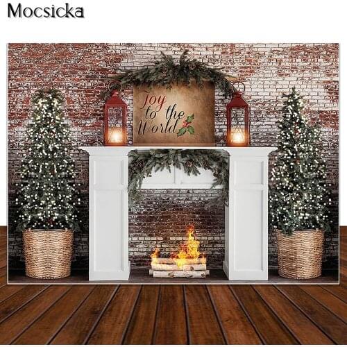 MOCSICKA Red White Brick Wall Christmas Photography Backdrops Fireplace Xmas Tree Decoration Photo Props Studio Booth Background