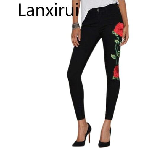 New Women 'S Vintage Embroider Flowers Jeans High Waiest Jeans Stretch Denim Pants Female Slim Skinny Trousers Jeans