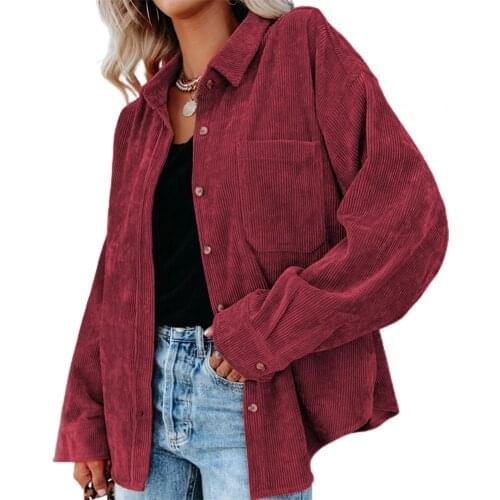 Long Sleeve Solid Color Shirt Coat Skin-friendly Pockets Turn-down Collar Corduroy Shirt Female Outwear