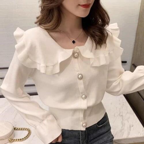 Shintimes Autumn Turn-Down Collar Womens Sweater Korean Sweaters Button Cardigans Flare Sleeve Sweater Knitted Womens Clothing