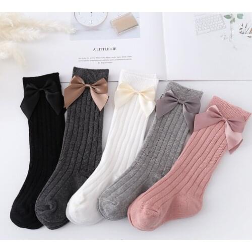 Baby Girls Knee High Socks Big Bow Spring Autumn Soft Cotton Children Sock Solid Stripe Kids Toddler Long Socks For 1-12 Years