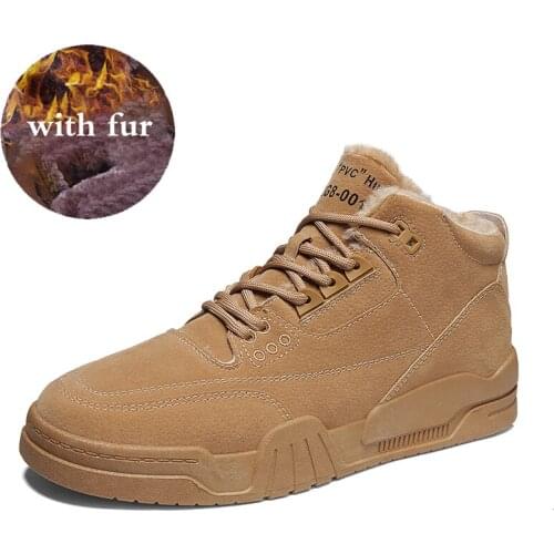 Pop Men Snow Boots Leather Casual Ankle Military Boots Men Winter Lightweight Plush Shoes for Men Lace Up Non Slip Work Hiking